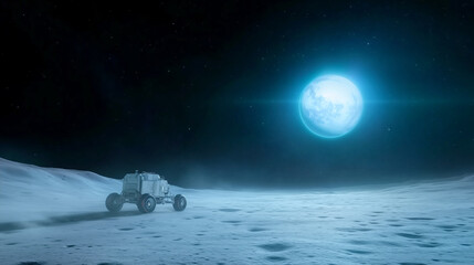 Wall Mural - lunar rover exploring the serene surface of the moon under a bright blue starry sky