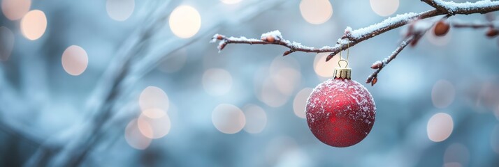 Red Christmas ornament hanging on a snowy branch with soft bokeh background. Festive decoration for the holiday season.