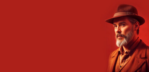 Sticker - horizontal banner dramatic portrait of old bearded detective in a hat on a orange background cinematic light with empty space for text and design