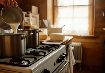 Cheesemaker is pouring milk into a pot on the stove to start making cheese in a home kitchen