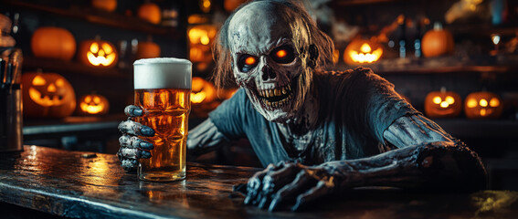 Scary zombie having a beer in a halloween party location
