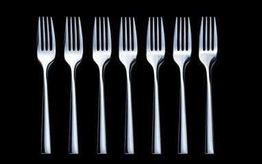 Symmetrical row of polished silver forks against a dark background, highlighting sleek design and contemporary tableware style