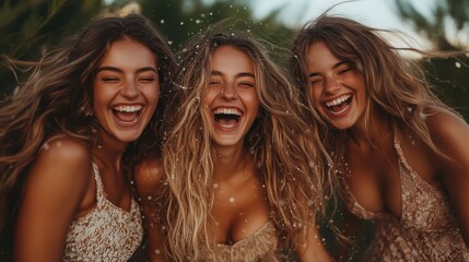 Three women laughing joyfully together in a natural outdoor setting, capturing the essence of happiness and friendship in a vibrant and carefree atmosphere.