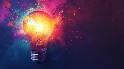 Lightbulb with a burst of radiant colors and wide blank area for text