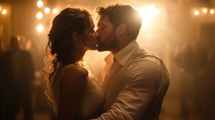 A couple shares a passionate kiss at their wedding, surrounded by a glowing romantic ambiance. The scene captures love, intimacy, and celebration in a warm atmosphere.