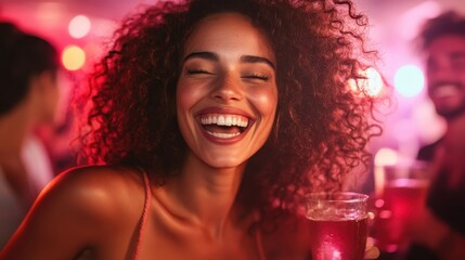 A joyful woman with curly hair holds a drink and beams with happiness in a lively nightclub filled with colorful lights and people enjoying the night.