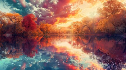 Wall Mural - The sky glows with autumn hues as the sun sets, casting colorful reflections on the serene water, surrounded by trees. Generative AI