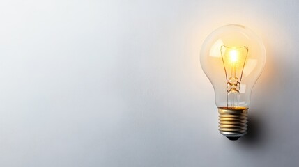 Lightbulb with a soft glow against a bright white background, wide area for text