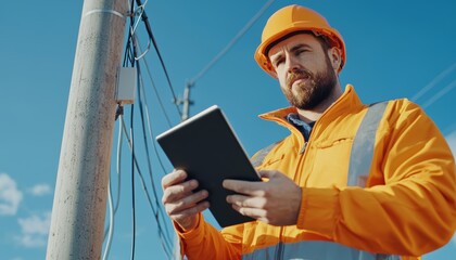 Field technician in safety gear checking wiring on a concrete utility post, modern technology, tablet in hand, outdoors, professional work environment