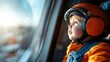 © JoxyAimages - A small child wearing a helmet gazes thoughtfully out the window of an airplane, captivated by the expansive view and immersed in daydreams.
