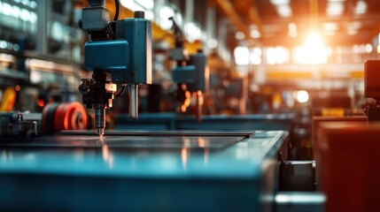 A high-tech machine operates in a bright factory, highlighting the innovation and precision in modern manufacturing as sunlight pours through large windows.