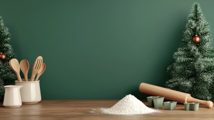 Baking scene with flour, rolling pin, and holiday decorations on green background.