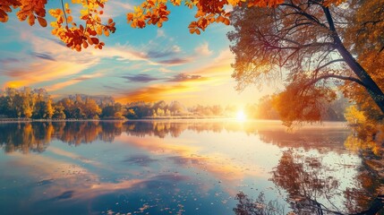 Sticker - The sun sets in a brilliant display of colors, casting reflections on calm waters amid a vibrant autumn landscape. Generative AI