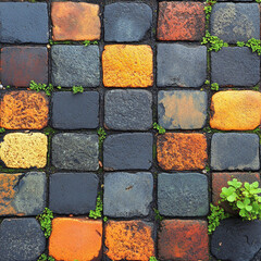 Colorful stone pattern on roadway, featuring vibrant orange, yellow, and gray stones interspersed with green moss. unique arrangement creates visually appealing texture