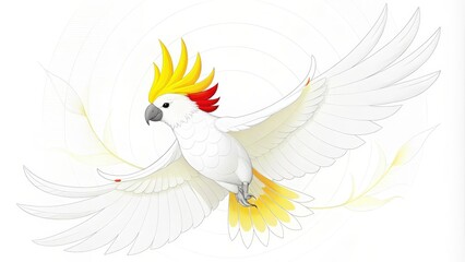 Poster - A White Cockatoo with Yellow and Red Crest Flying with Outstretched Wings