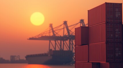 Cargo containers at sunset near port