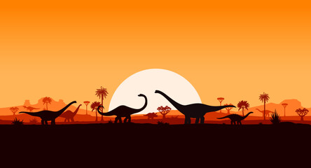 Dinosaurs silhouettes on sunset landscape with prehistoric palm trees, hills and plants. Vector serene background with sauropod dino shadows roaming peacefully in front of large sun in orange dusk sky