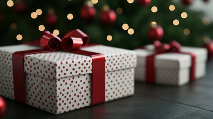 Christmas presents with red ribbons, festive background with bokeh lights.