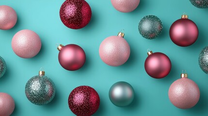 Colorful Christmas ornaments on a vibrant teal background.