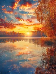 Canvas Print - The sunset paints the sky with rich colors while its reflection dances on the still water, creating a serene autumn atmosphere. Generative AI