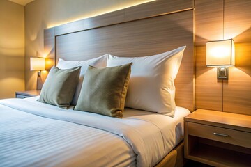 Extreme close-up of a bed and pillow in a hotel room isolated on a white background