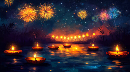 Diwali festival celebration background with fireworks diya oil lamps river night sky festive greetings card poster design light prosperity India culture tradition hinduism religion celebration