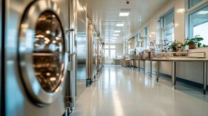 A sleek and sanitary laboratory hallway featuring stainless steel equipment and bright lighting that emphasizes cleanliness and modernity in a professional setting.