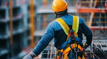 Close-up of a construction worker using a safety harness and helmet, working on a high construction site with safety barriers