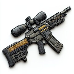 rifle with scope embroidered patch badge on isolated white background, vector badge and patch collec