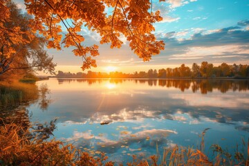 Canvas Print - The sun sets over a serene lake, painting the sky with vibrant orange and blue hues while reflecting on the water's surface. Generative AI