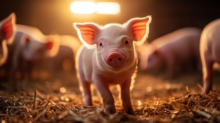 Wall Mural - Close-up of curious piglets exploring their nursery environment under warm barn lighting