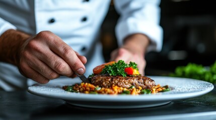 Chef preparing a gourmet dish in a restaurant kitchen, showcasing the creativity and precision involved in the culinary arts