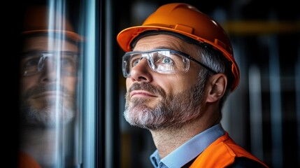 A construction worker in a hard hat and safety goggles is looking thoughtfully at the surroundings. The individual is reflecting on the ongoing project in a well-lit industrial area