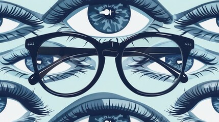 Poster - A pair of fashionable eyeglasses is prominently displayed against a backdrop filled with artistic, stylized eyes, creating a unique visual effect. Generative AI
