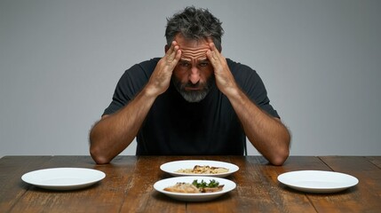 A man in casual attire sits at a wooden table with empty plates surrounding him, displaying an expression of frustration and hunger in a subdued indoor setting