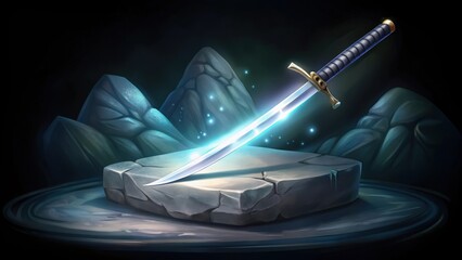 a glowing sword resting on a stone platform