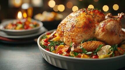 Roasted turkey served with colorful vegetables on a festive table.