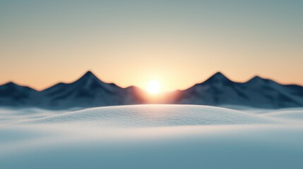 Stunning sunrise over snow-covered mountains, soft pastel sky, serene winter landscape