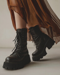 woman's legs wearing black leather high heels combat boots with lace-up closures. 