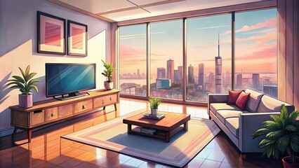 Sticker - Modern Living Room with City Skyline View at Sunset