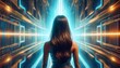 © Donald - generative ai illustration of back view of unrecognizable female with long brown hair standing near illuminated wall in futuristic space