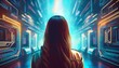 © Donald - generative ai illustration of back view of unrecognizable female with long brown hair standing near illuminated wall in futuristic space