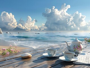 Wall Mural - Two cups of coffee on the table on the background of the sea