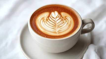 A close-up of a coffee cup with intricate latte art on a white background