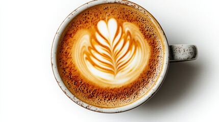 A close-up of a coffee cup with intricate latte art on a white background