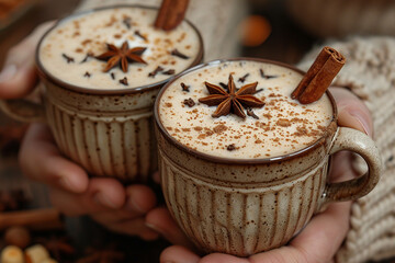 Two cups of hot cappuccino with marshmallow in a person's hands. A delicious winter drink in hands.