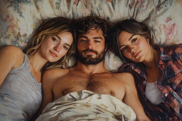 Man macho playboy man in bed with two woman