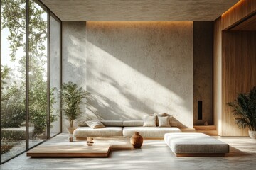 Wall Mural - Modern living room overlooking forest with sunlight streaming through windows