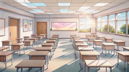 Poster - An Empty Classroom with Wooden Desks and Chairs