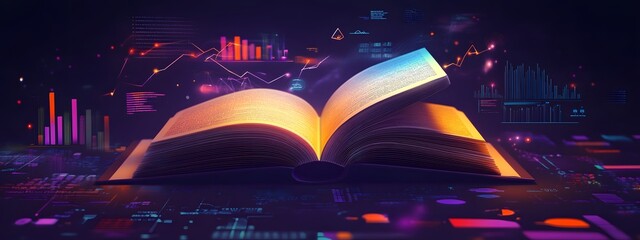 An open book with colorful graphs and charts floating above it, representing data science in business history